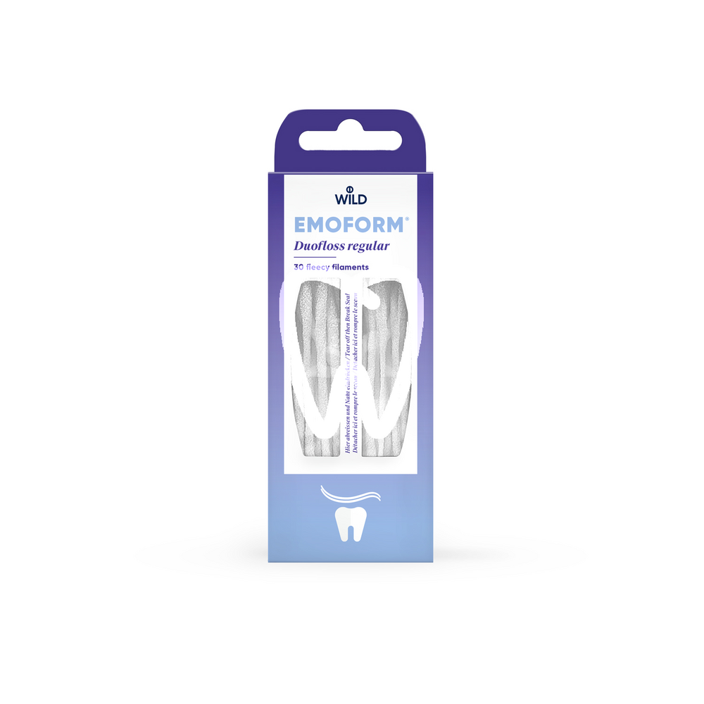 Emoform duofloss – fil dentaire avec aide à l'enfilage, regular ou fine, 30 pcs prévention wild