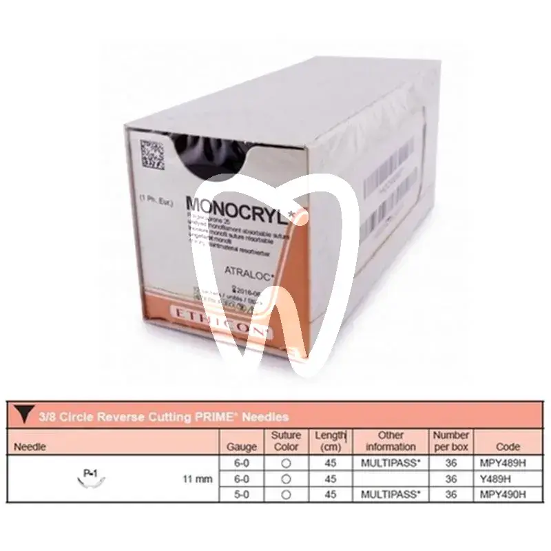 Sutures monocryl y489h 6/0 p-1 3/8c - 11 mm, 45cm. chirurgie ethicon