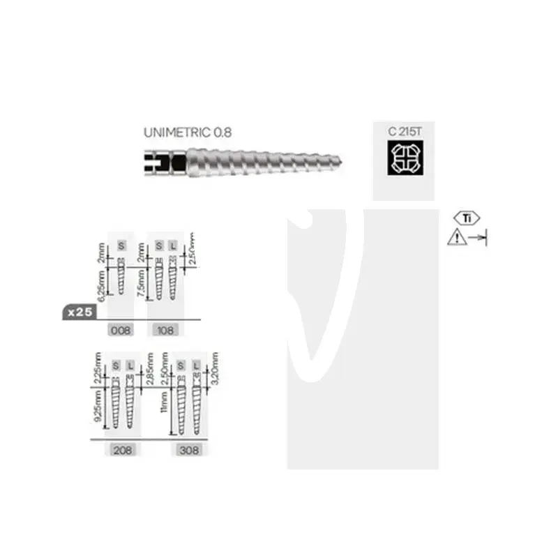 Unimetric tenon titane 215t 208l, 25pcs tenons et pivots dentsply sirona